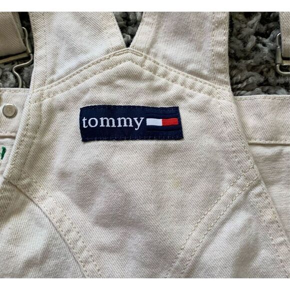 Tommy Hilfiger Y2K vtg 90’s off white LOGO Overalls Bibs Jean Shorts sz S - Picture 6 of 7